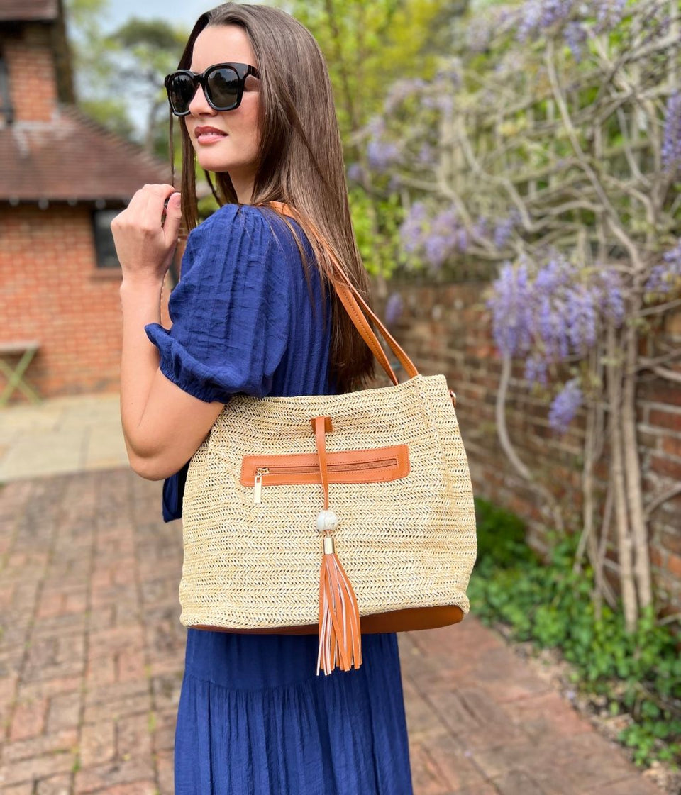 Tan Woven Raffia Tote Bag