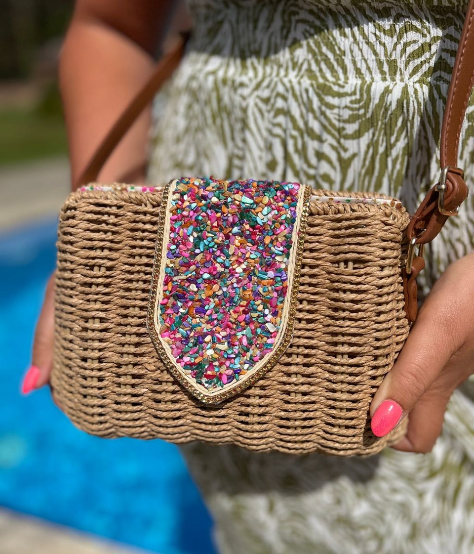 Jessica Raffia Beaded Basket Weave Bag
