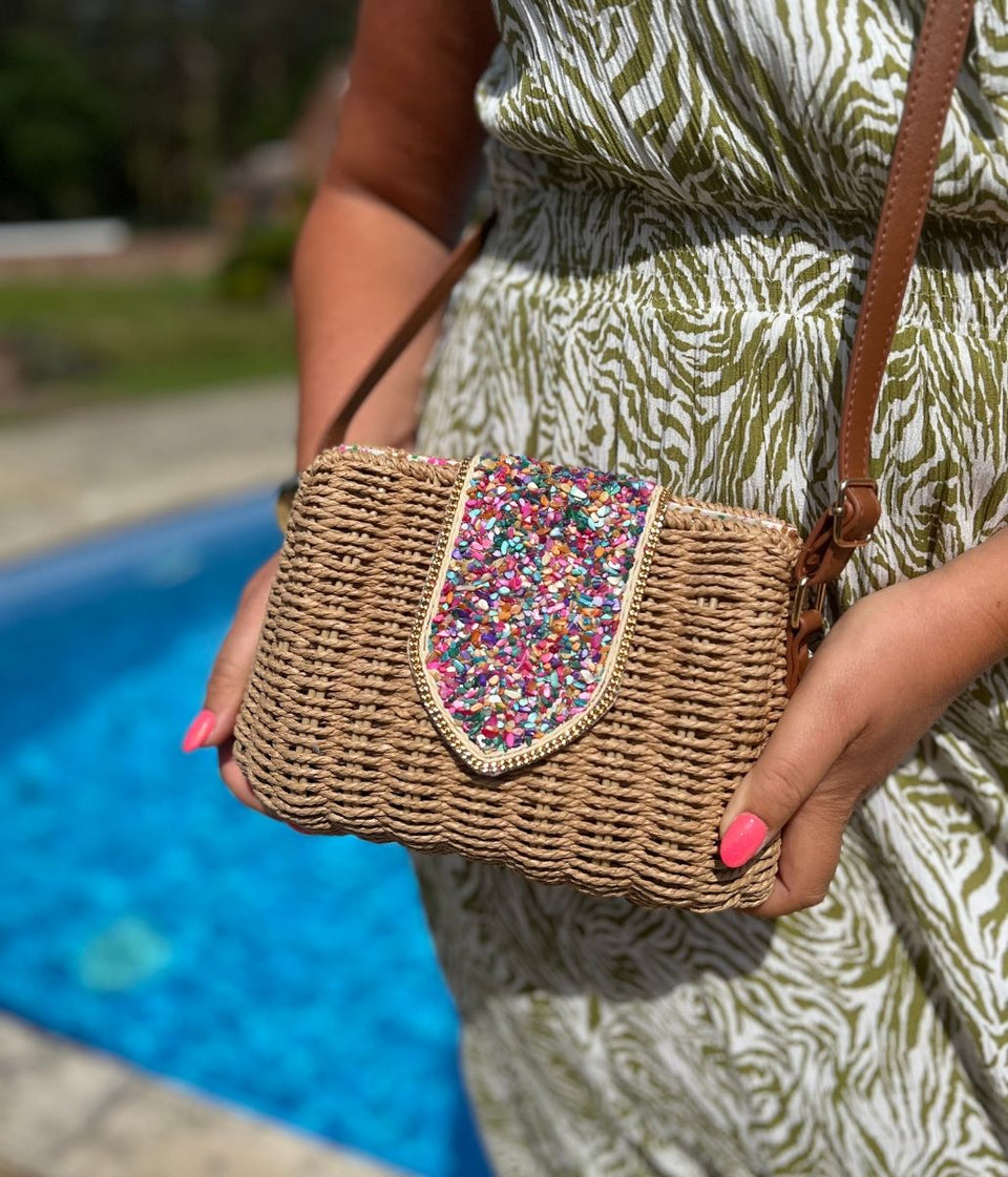 Jessica Raffia Beaded Basket Weave Bag