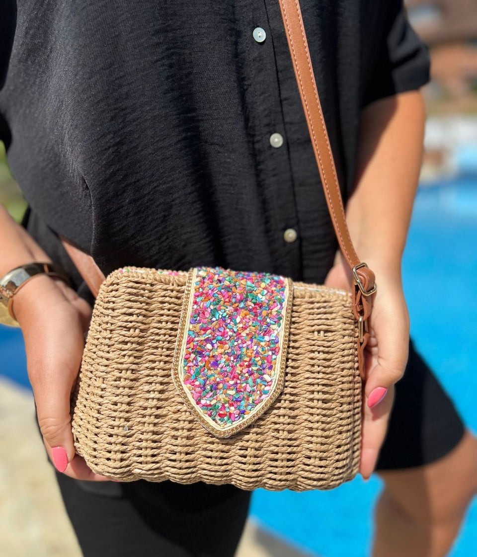 Jessica Raffia Beaded Basket Weave Bag