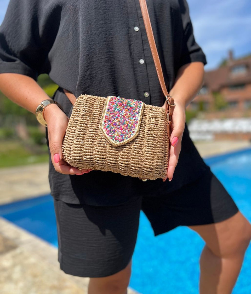 Jessica Raffia Beaded Basket Weave Bag