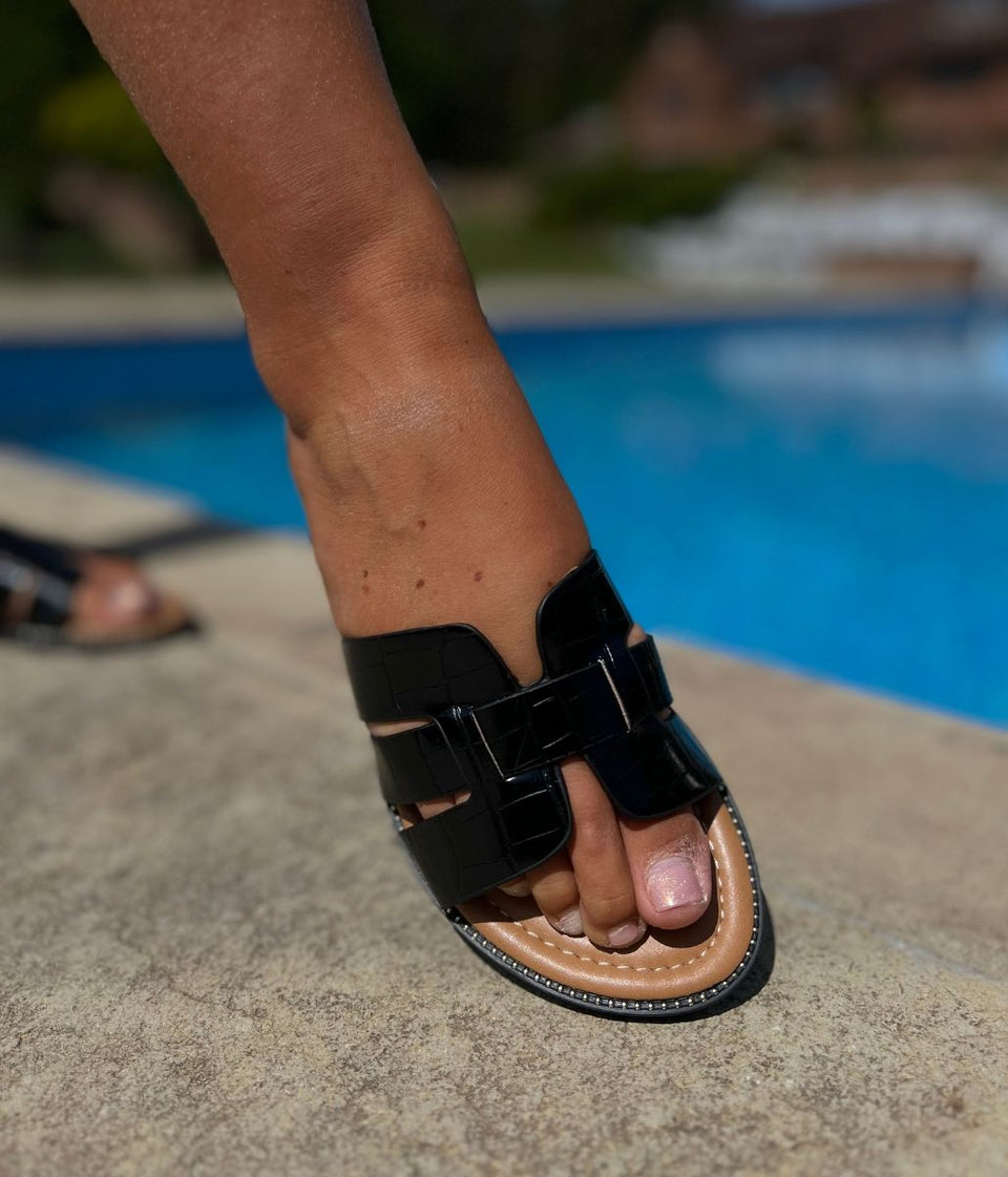 Black Faux Leather Sliders