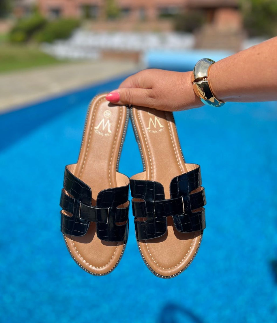 Black Faux Leather Sliders