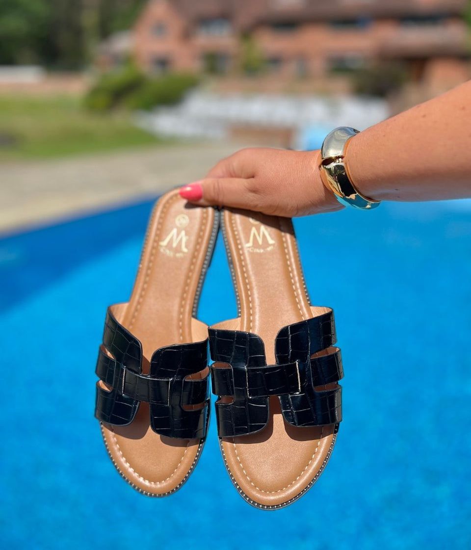 Black Faux Leather Sliders