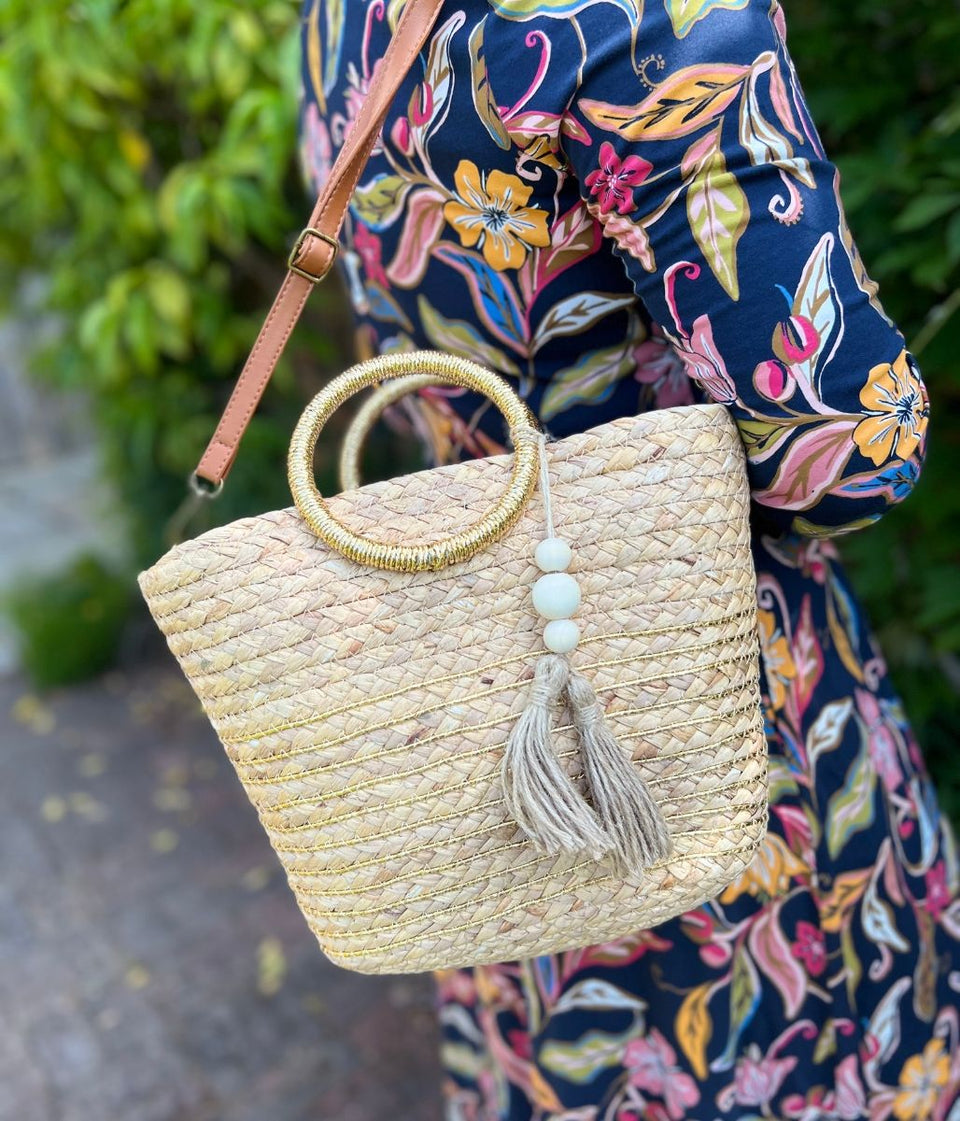 Gold Weave Raffia Bucket Bag