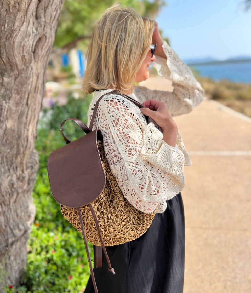 Brown Mila Raffia Backpack