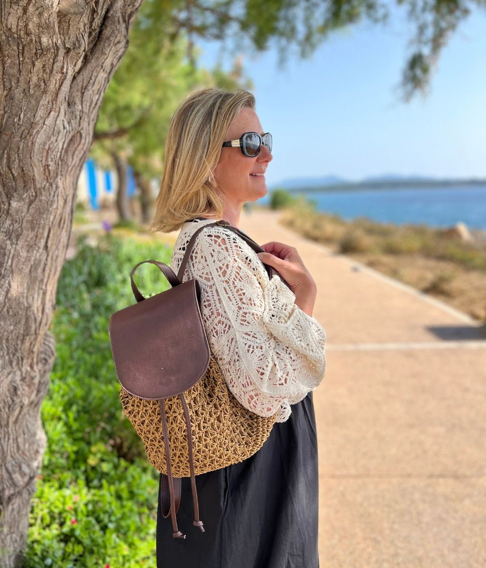 Brown Mila Raffia Backpack