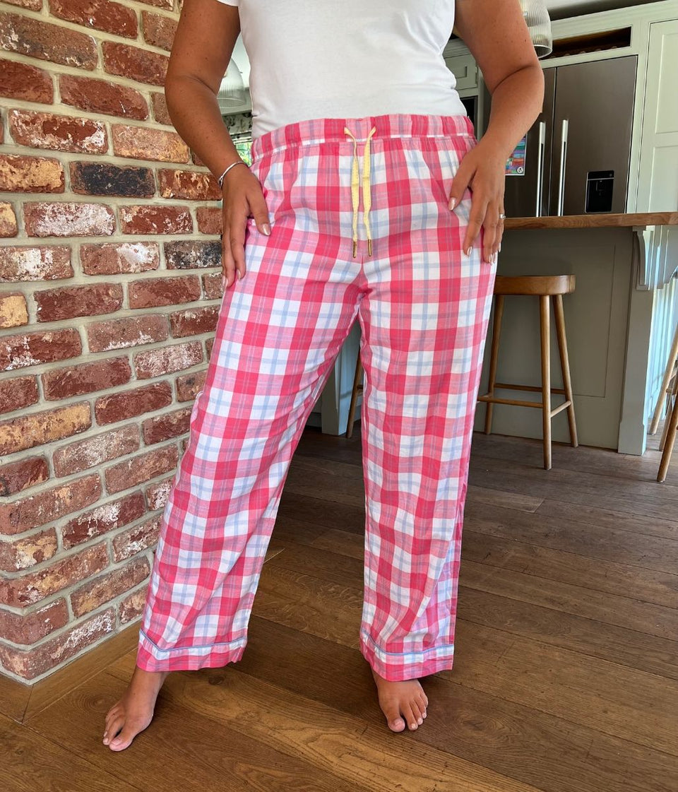 Pink & White Checked Cotton Loungewear Bottoms