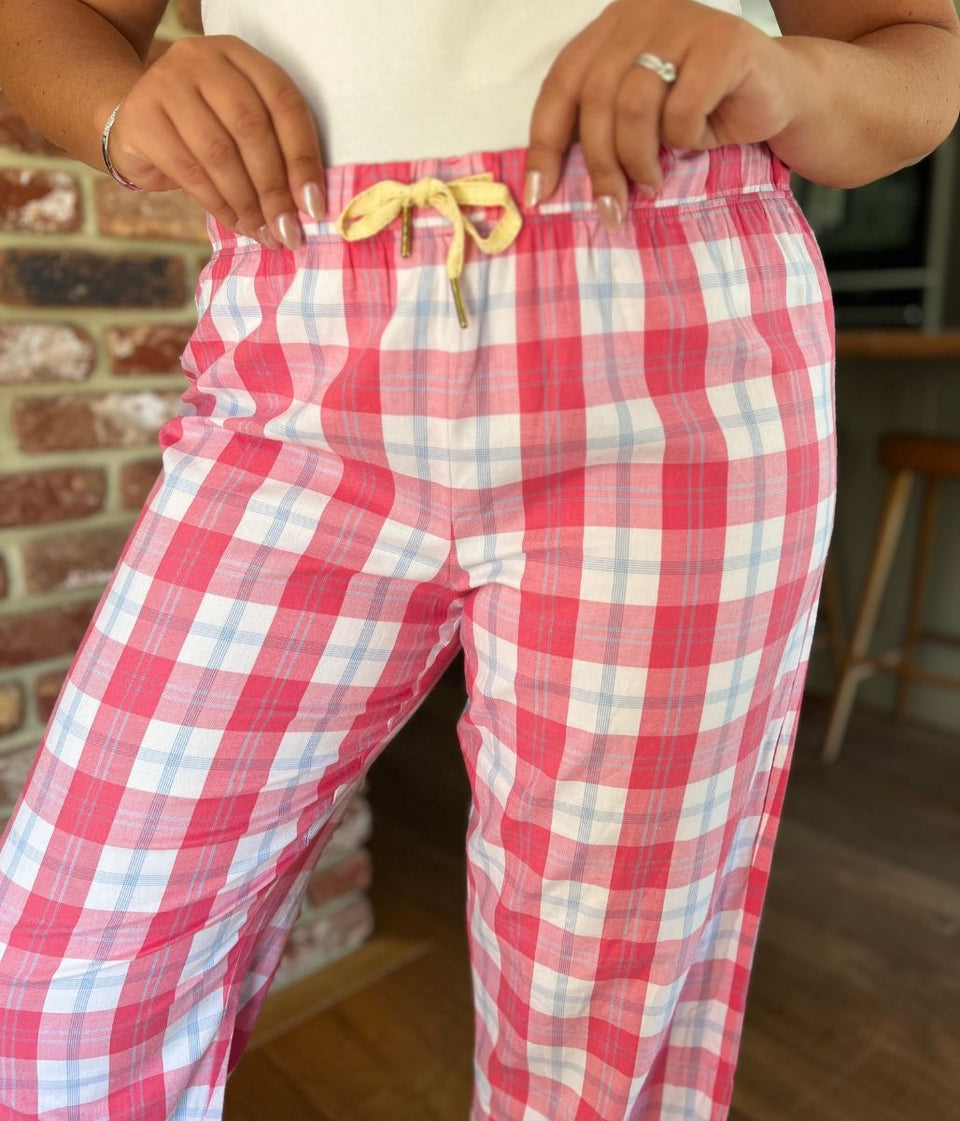 Pink & White Checked Cotton Loungewear Bottoms