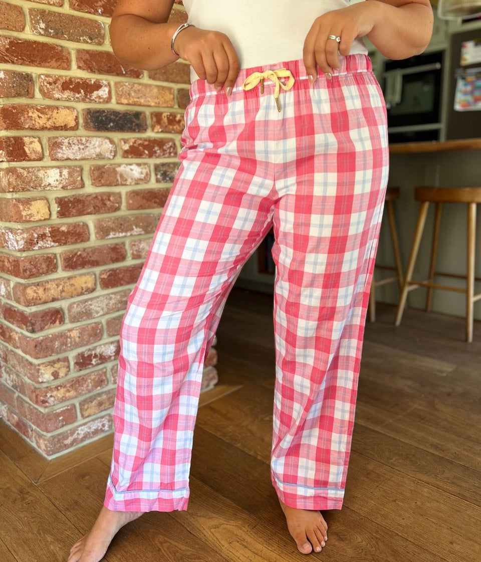 Pink & White Checked Cotton Loungewear Bottoms