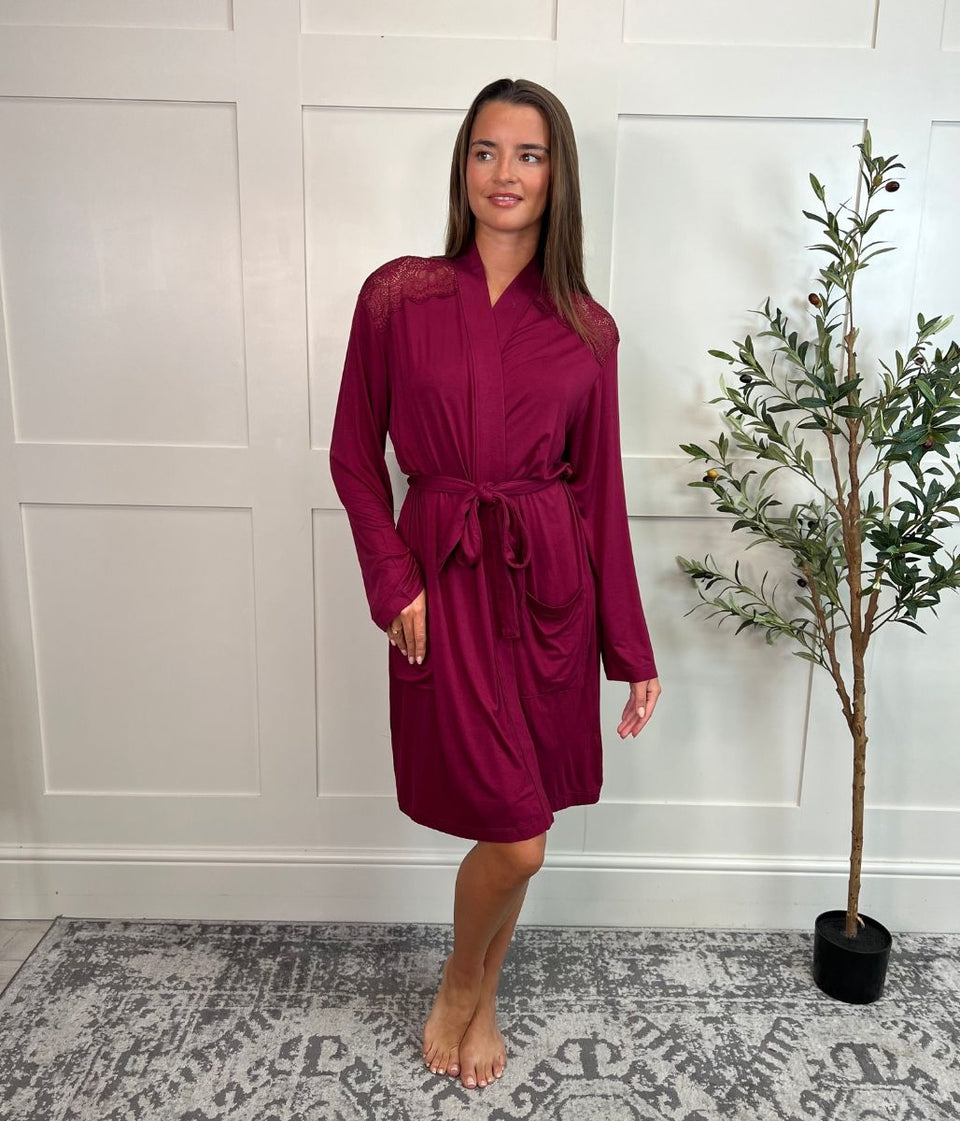 Burgundy Lace Trim Robe