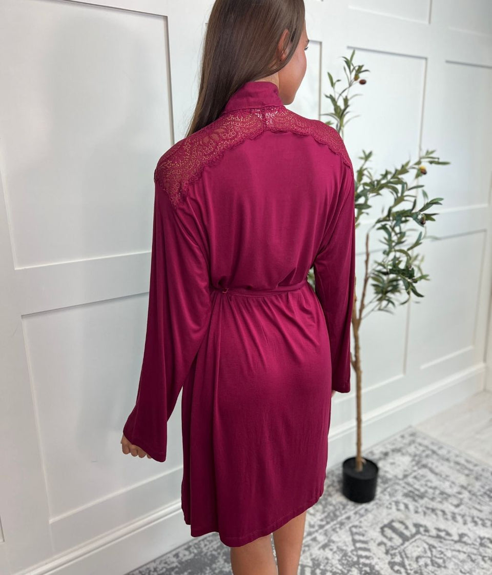 Burgundy Lace Trim Robe