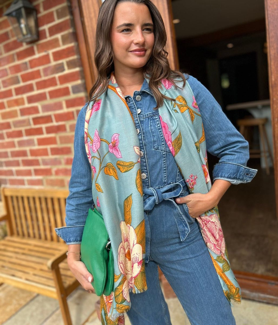 Aqua Flower Botanics Print Scarf