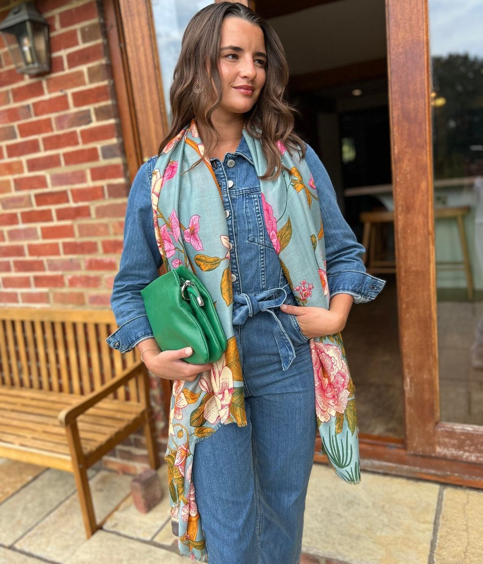 Aqua Flower Botanics Print Scarf
