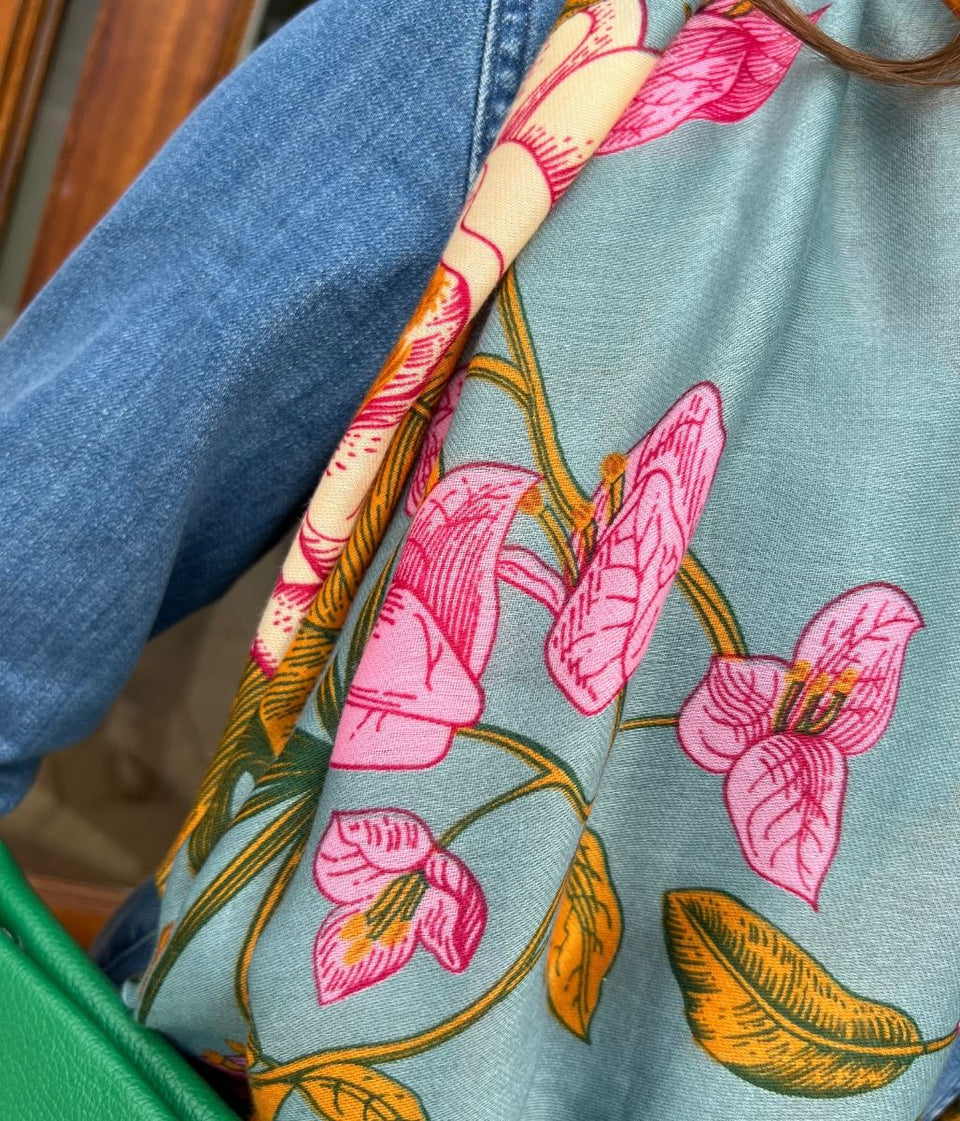 Aqua Flower Botanics Print Scarf