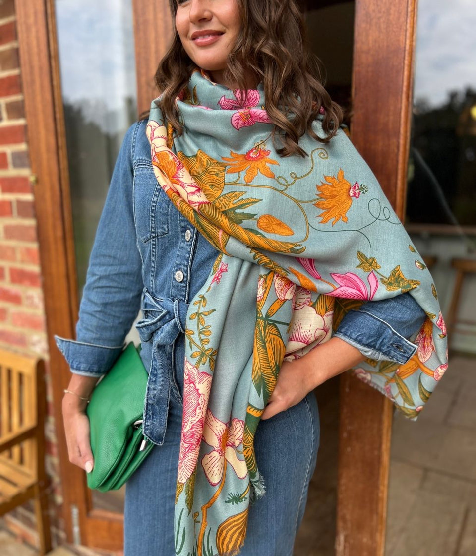Aqua Flower Botanics Print Scarf