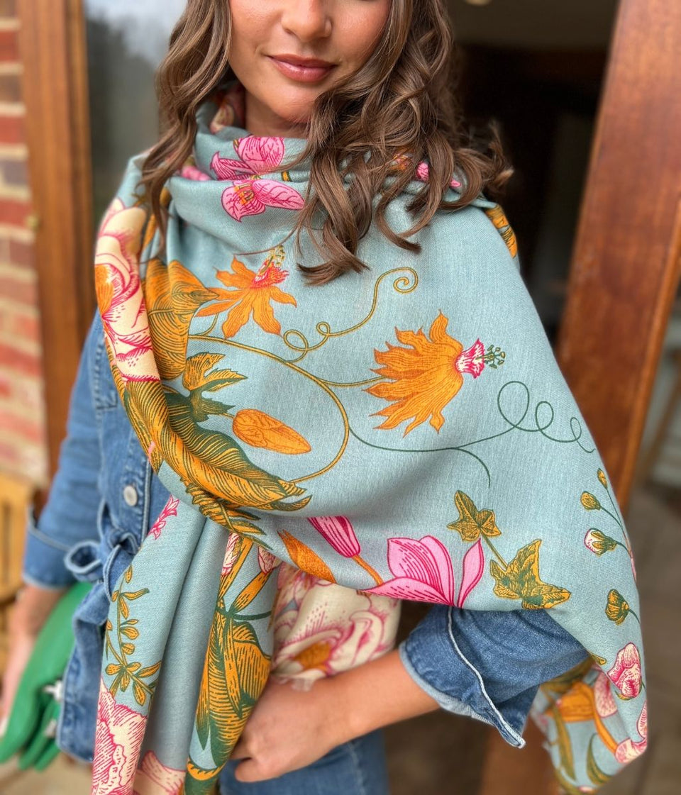 Aqua Flower Botanics Print Scarf