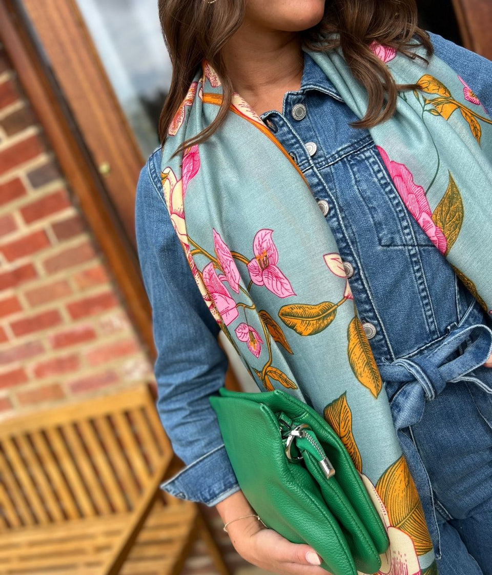 Aqua Flower Botanics Print Scarf