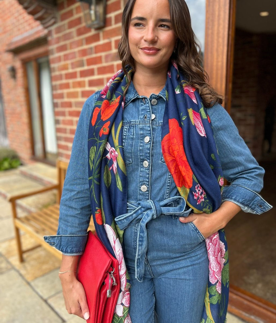 Navy Flower Botanics Print Scarf