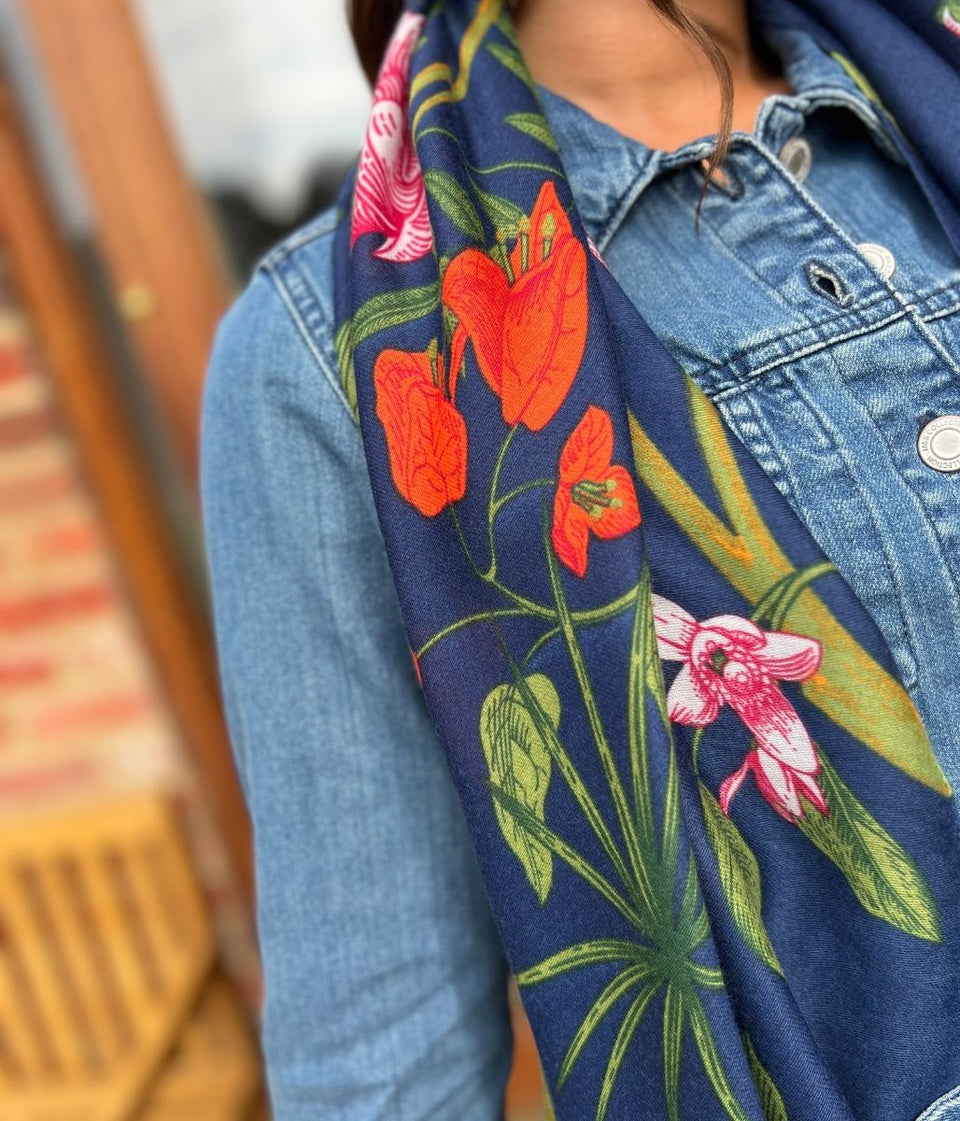Navy Flower Botanics Print Scarf