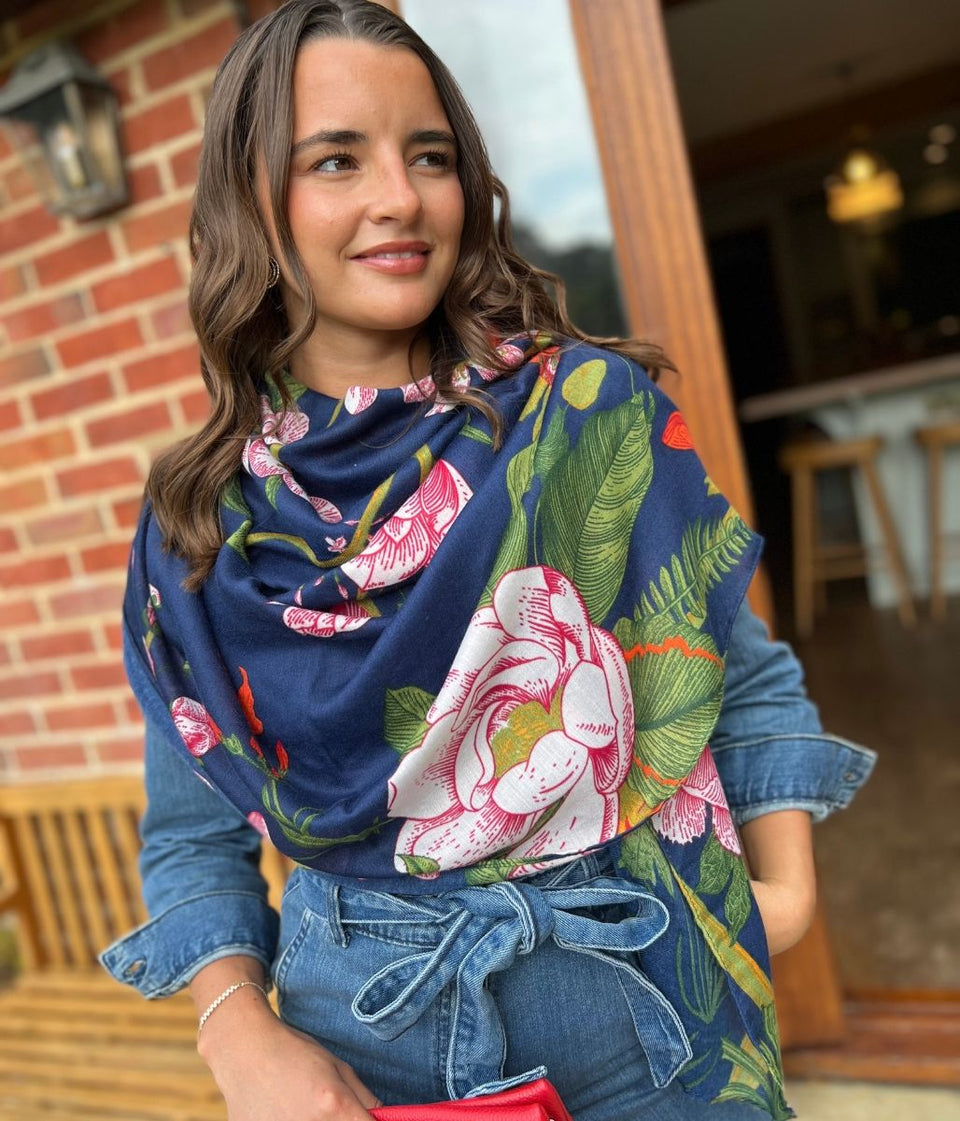 Navy Flower Botanics Print Scarf
