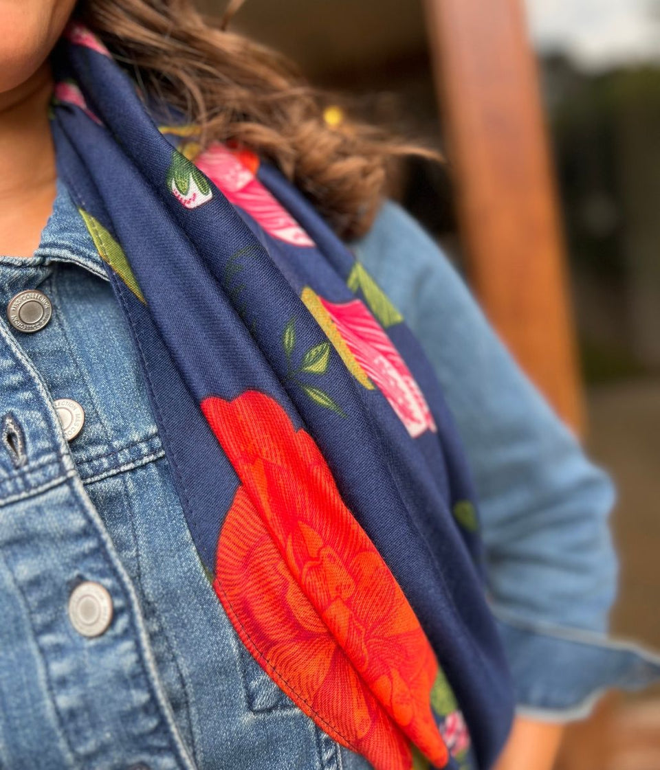 Navy Flower Botanics Print Scarf