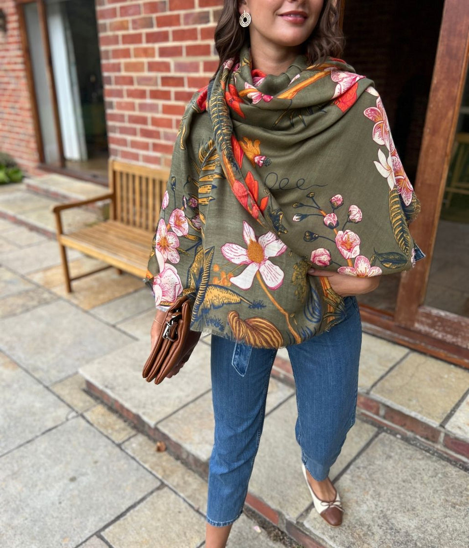 Olive Flower Botanics Print Scarf