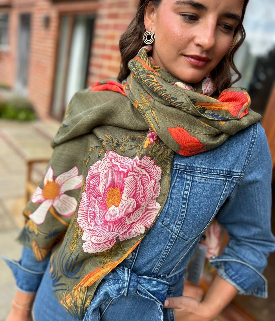 Olive Flower Botanics Print Scarf