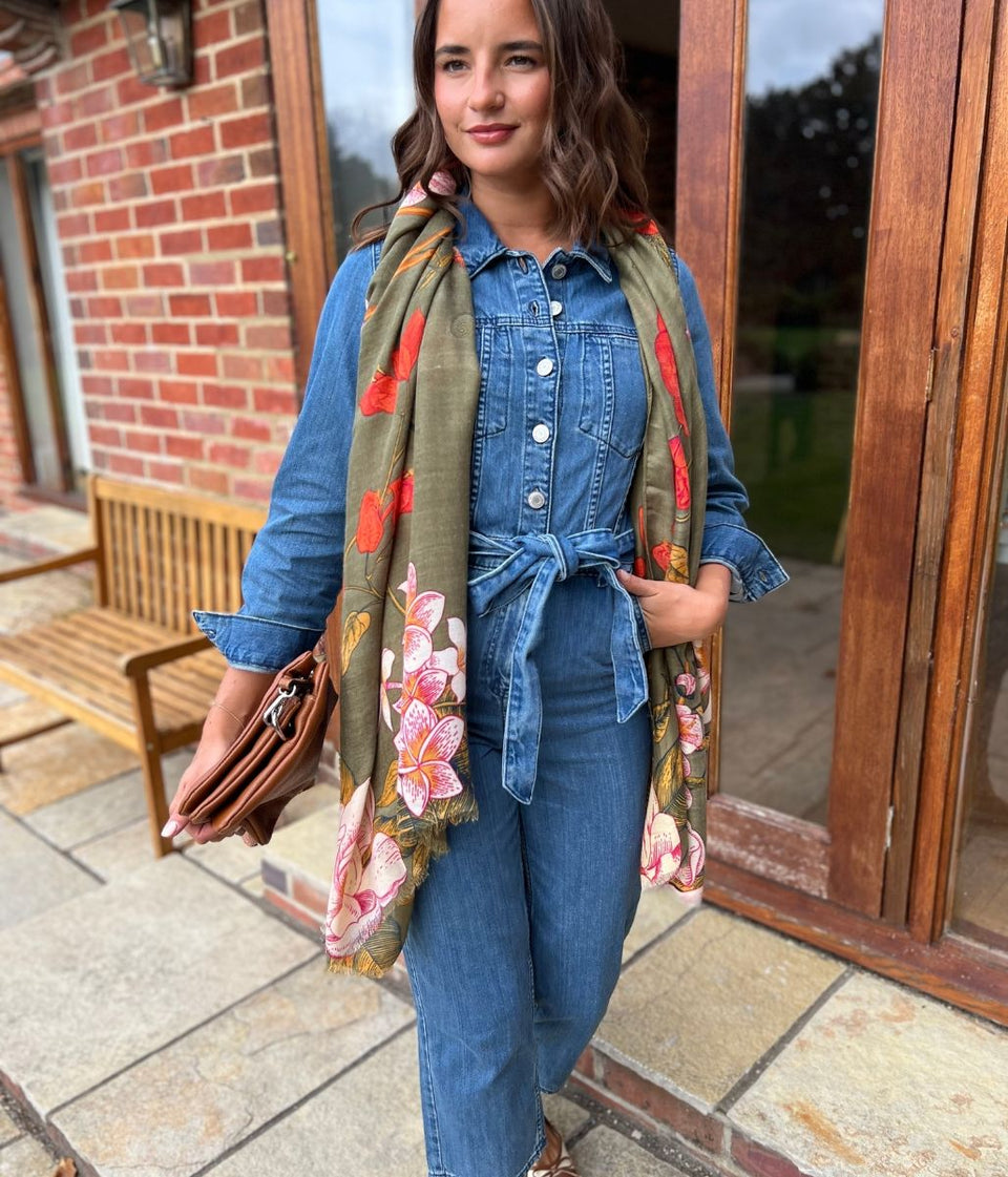 Olive Flower Botanics Print Scarf