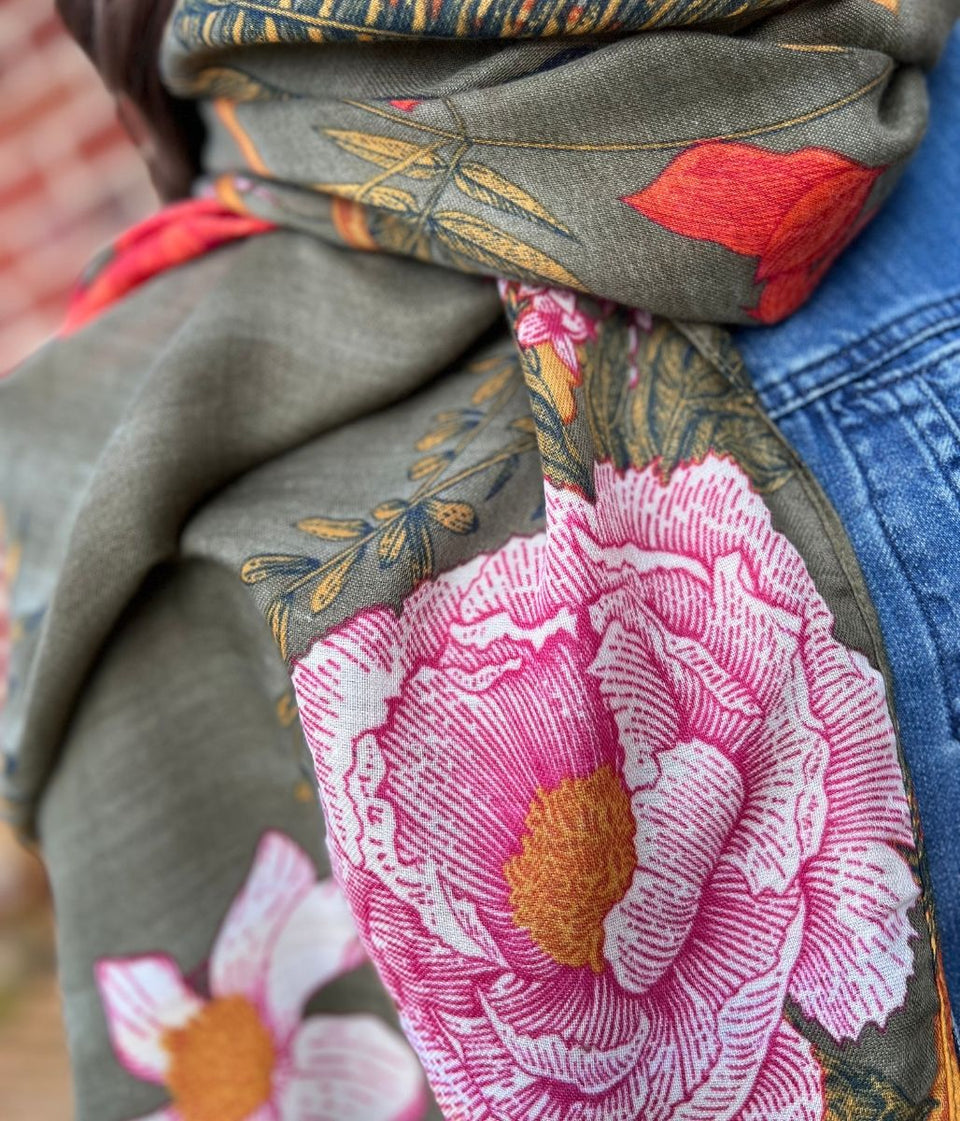 Olive Flower Botanics Print Scarf