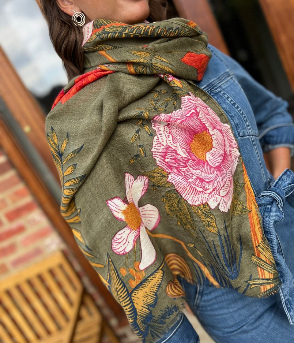 Olive Flower Botanics Print Scarf