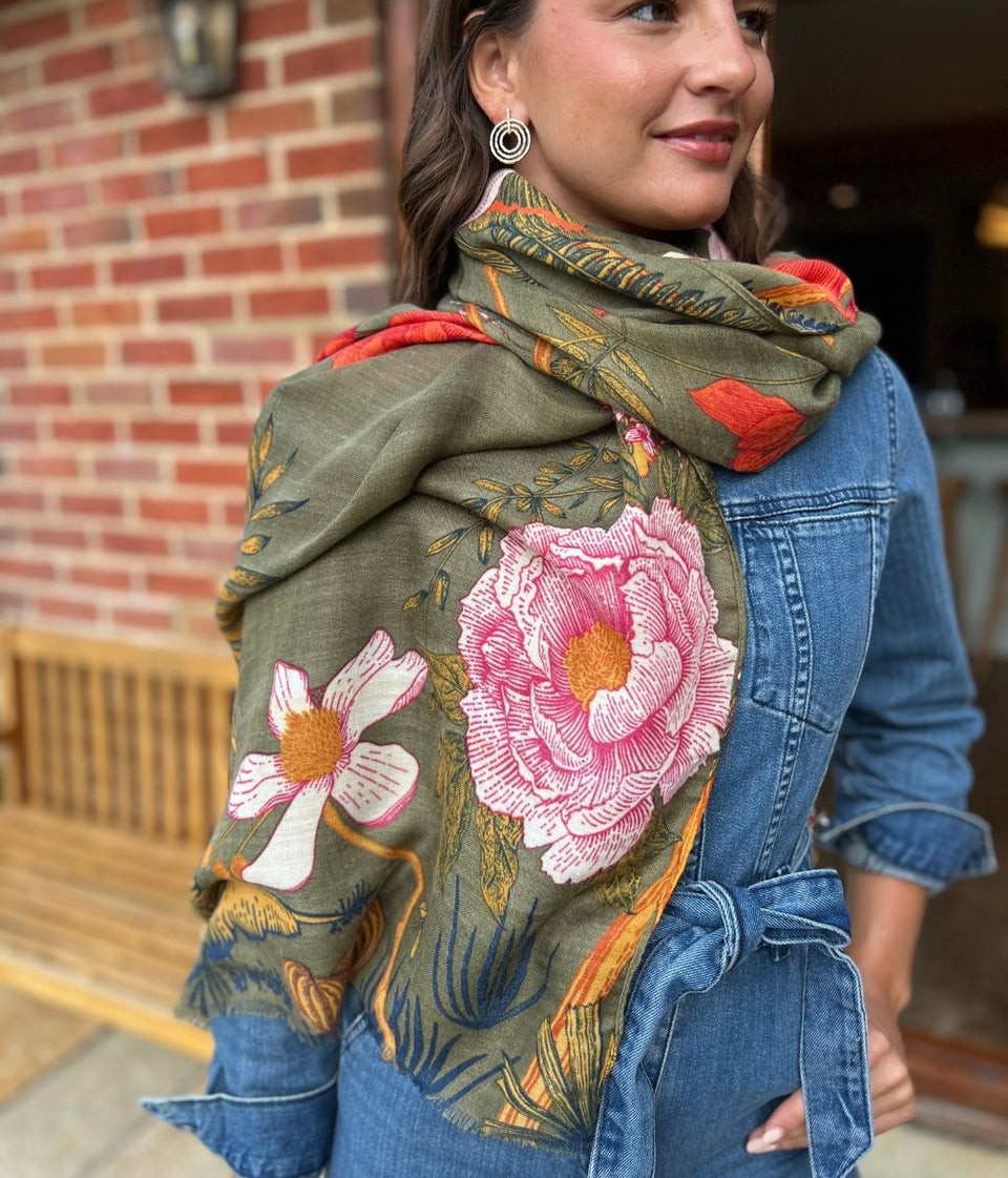 Olive Flower Botanics Print Scarf