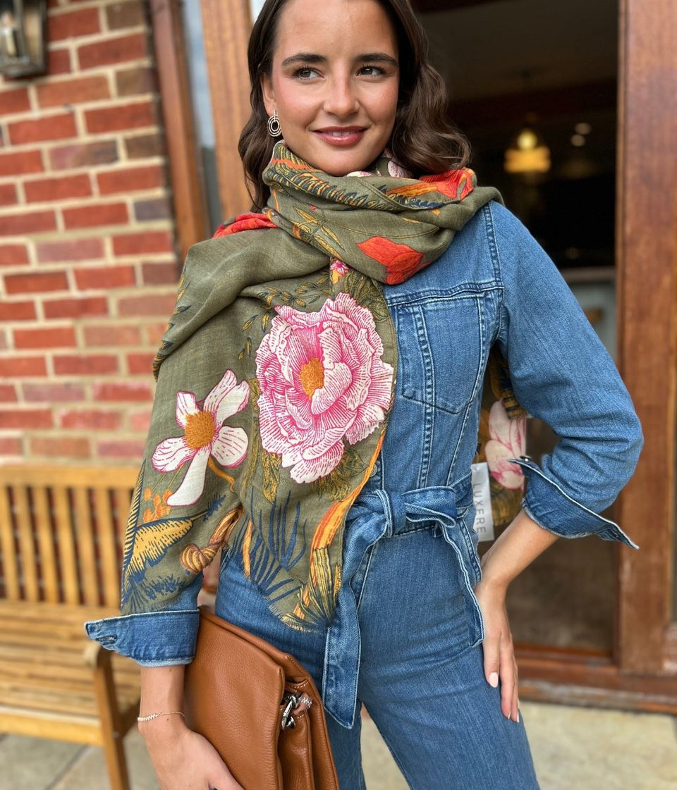 Olive Flower Botanics Print Scarf