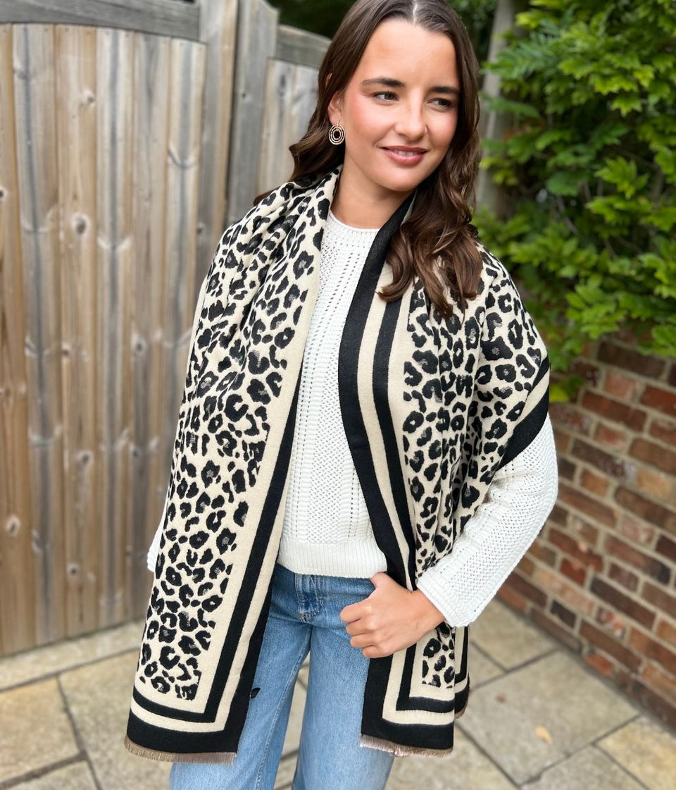 Black Leopard Print Cashmere Blend Scarf