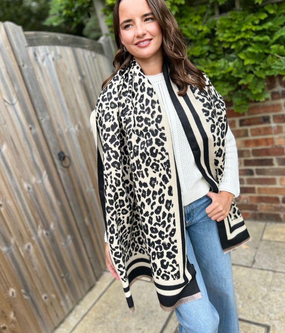 Black Leopard Print Cashmere Blend Scarf
