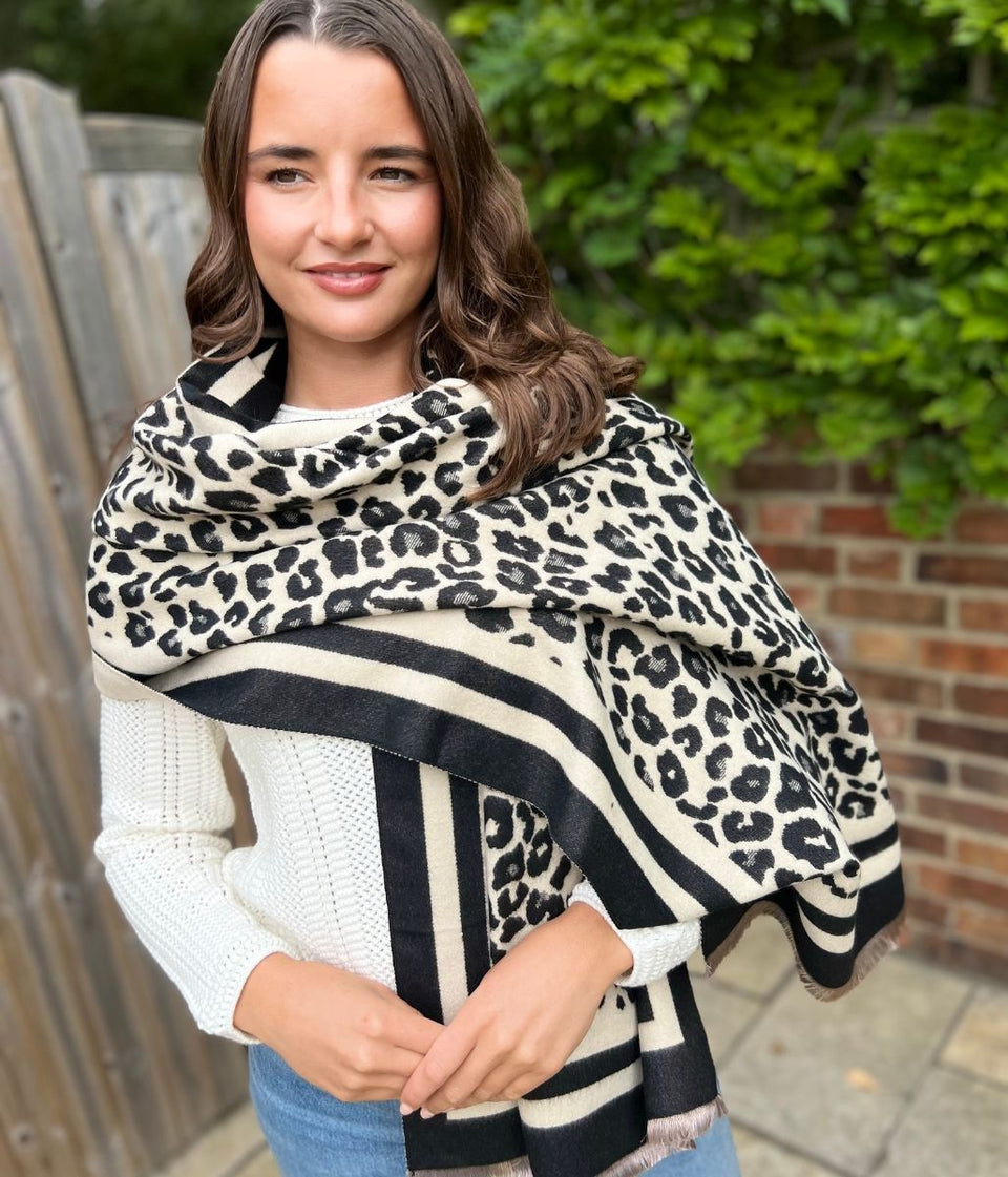 Black Leopard Print Cashmere Blend Scarf