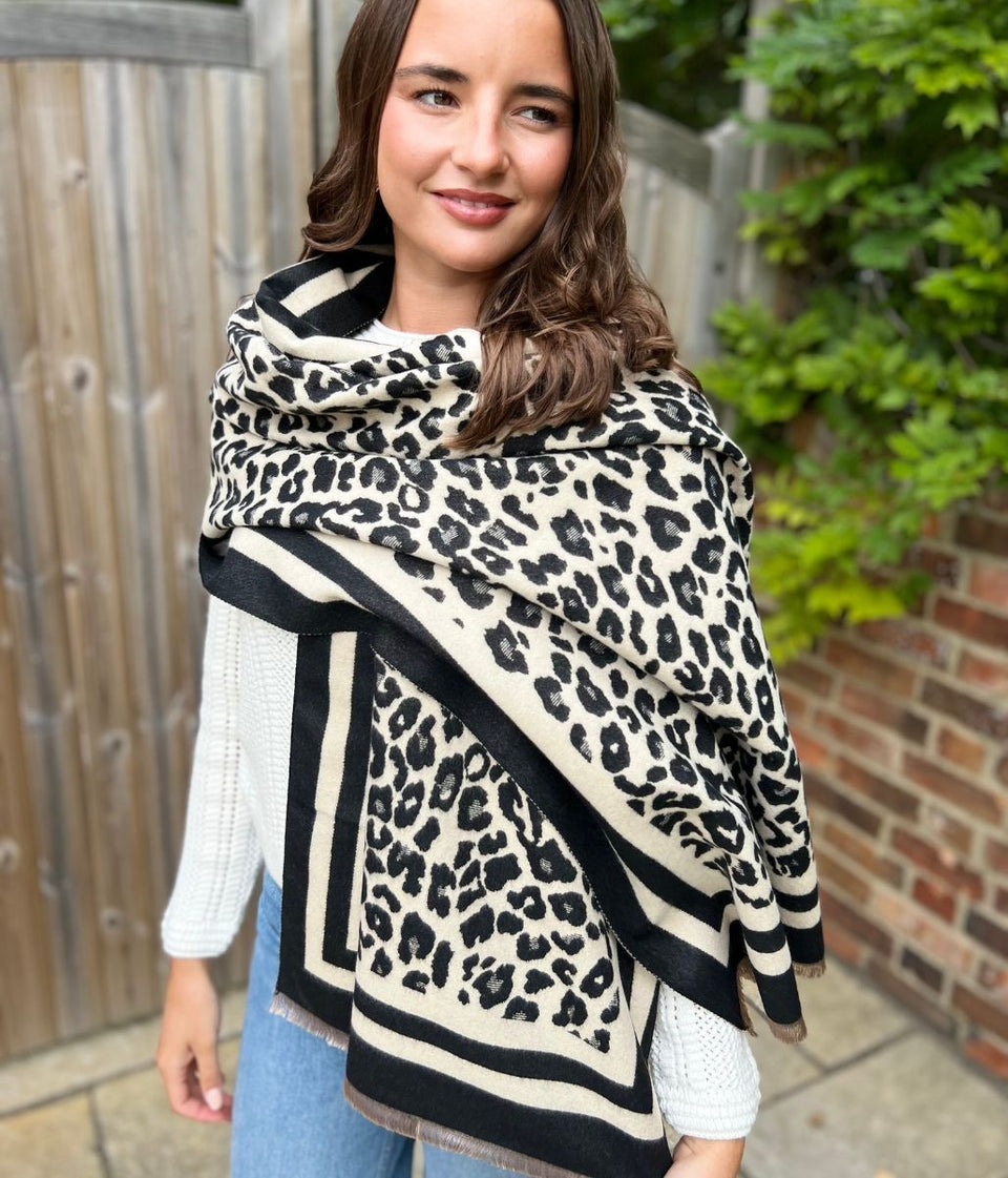 Black Leopard Print Cashmere Blend Scarf