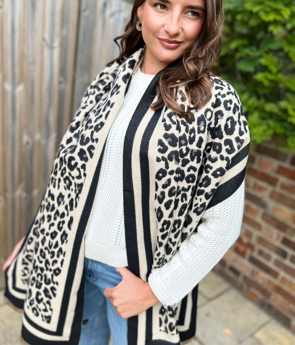 Black Leopard Print Cashmere Blend Scarf