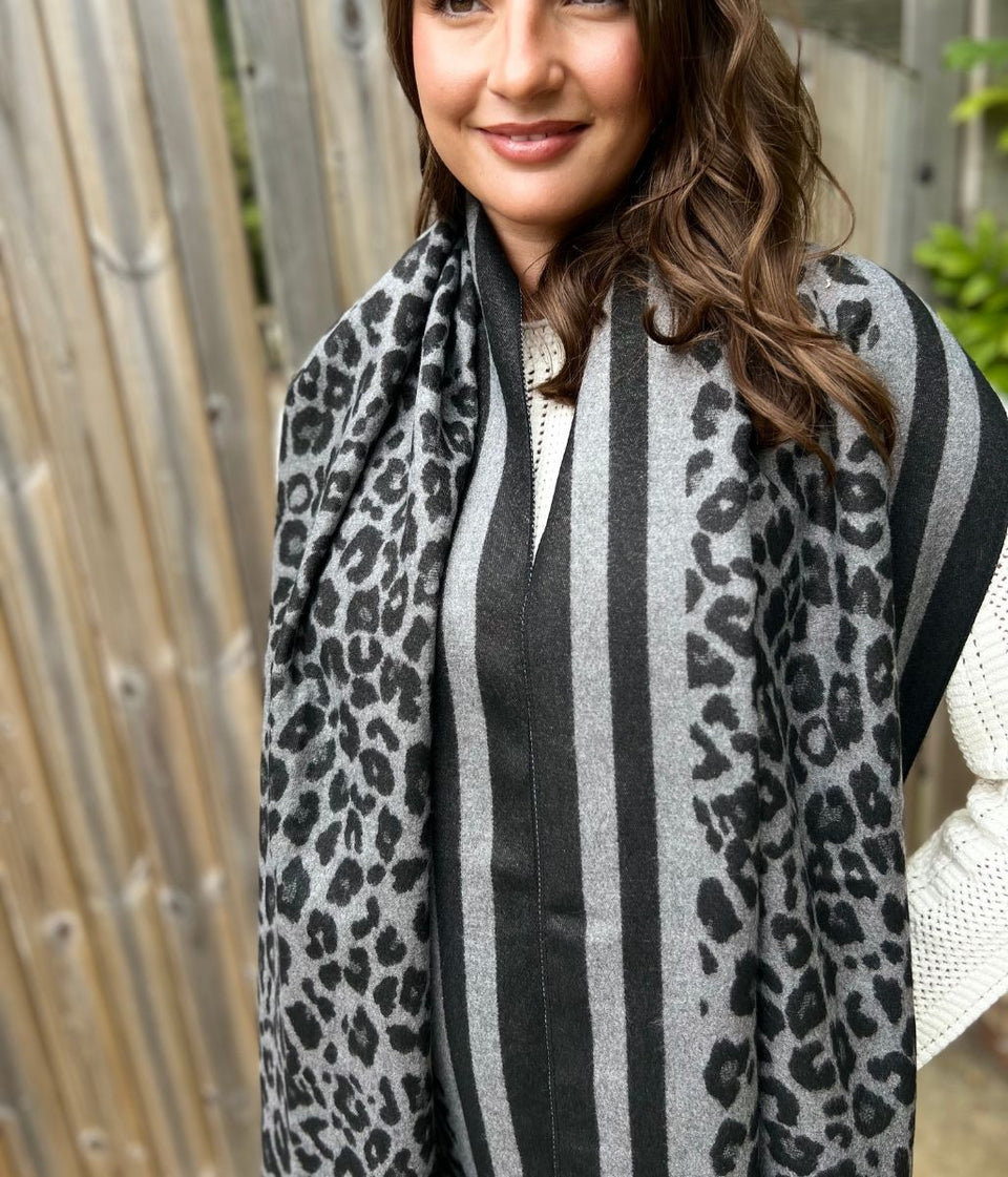 Grey Leopard Print Cashmere Blend Scarf