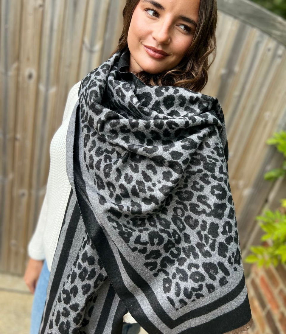 Grey Leopard Print Cashmere Blend Scarf