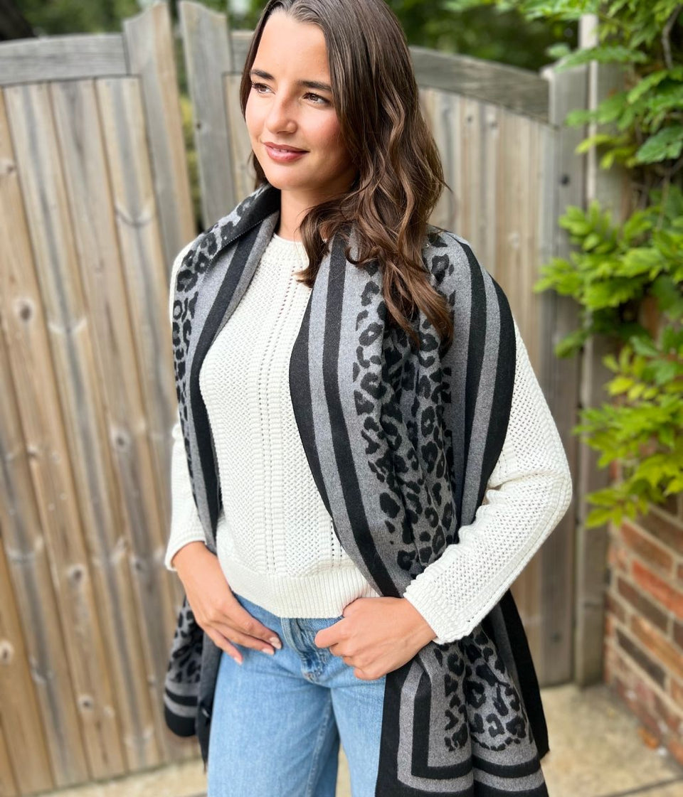 Grey Leopard Print Cashmere Blend Scarf
