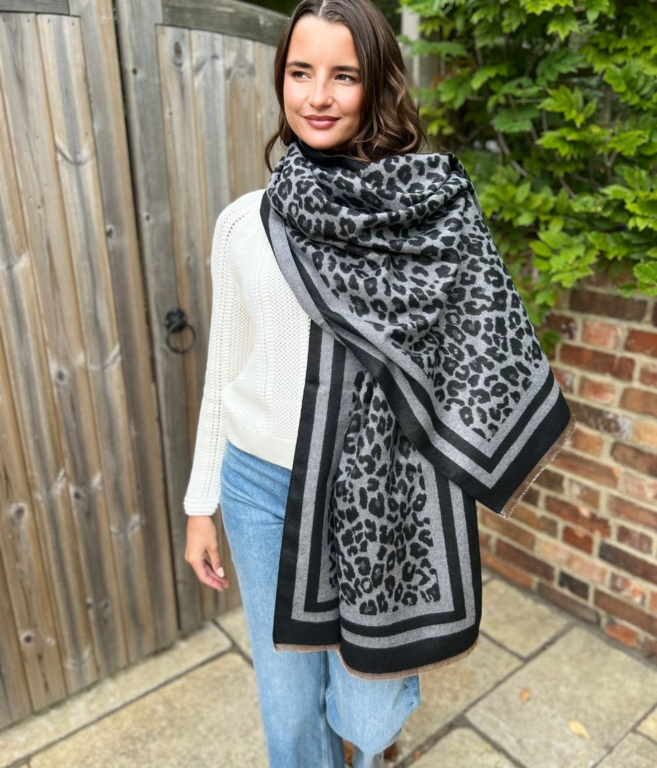 Grey Leopard Print Cashmere Blend Scarf