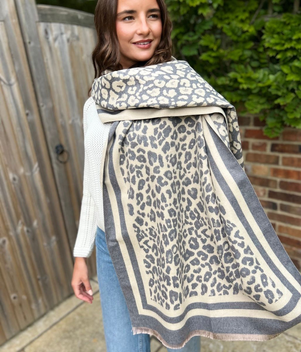 Light Grey Leopard Print Cashmere Blend Scarf