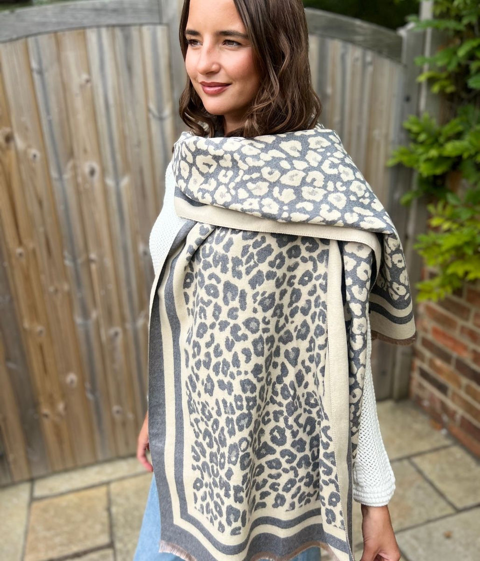 Light Grey Leopard Print Cashmere Blend Scarf