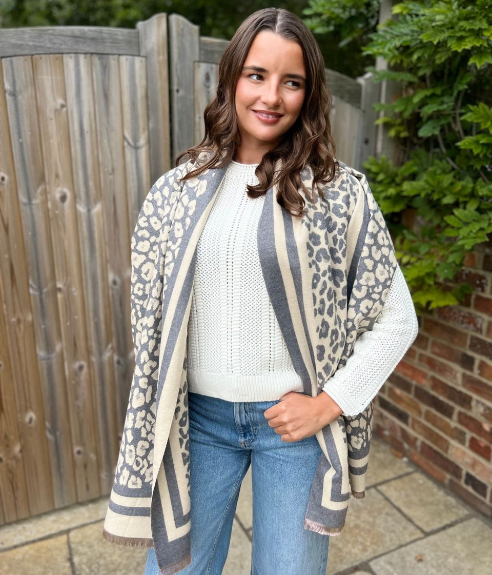 Light Grey Leopard Print Cashmere Blend Scarf