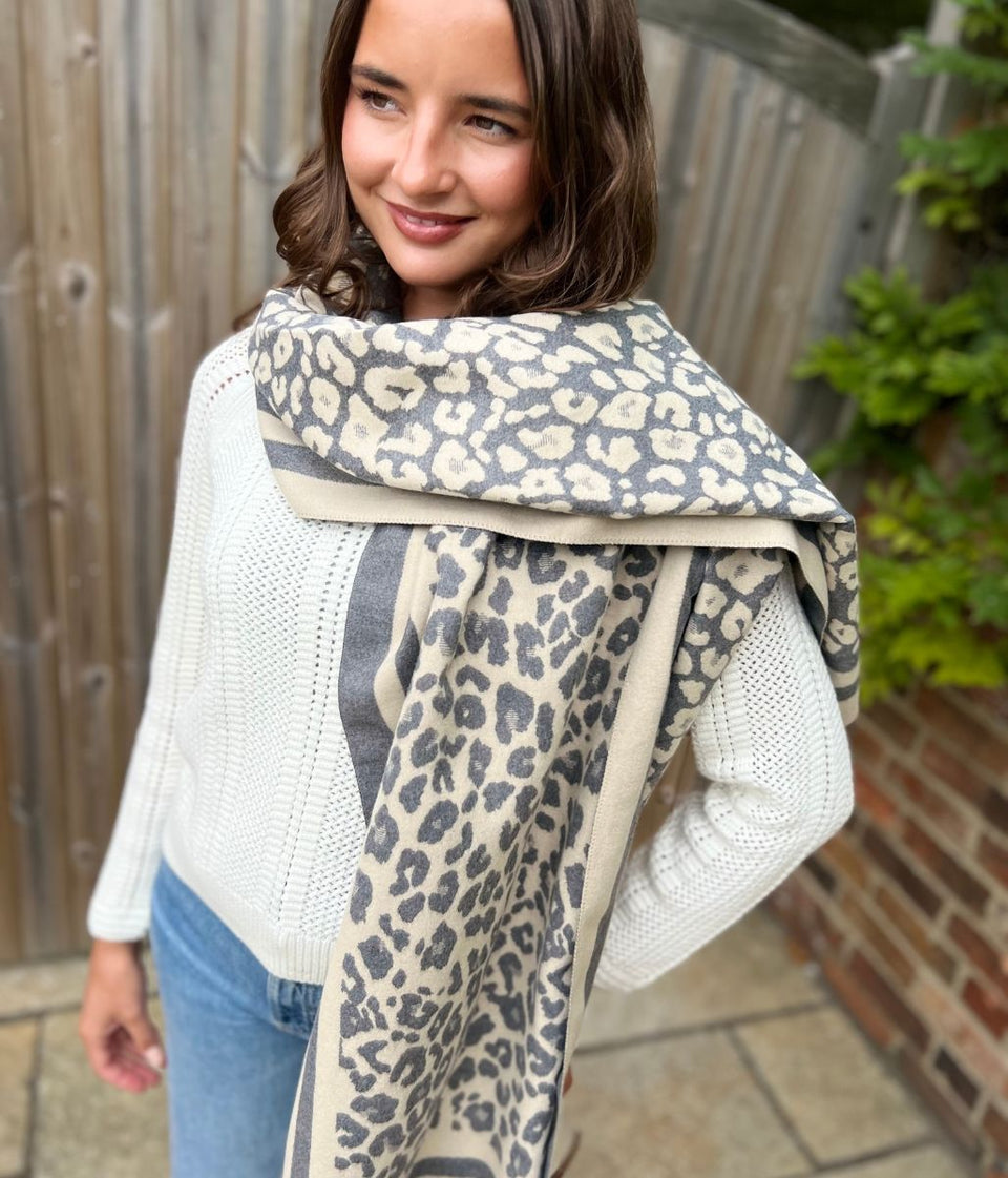 Light Grey Leopard Print Cashmere Blend Scarf
