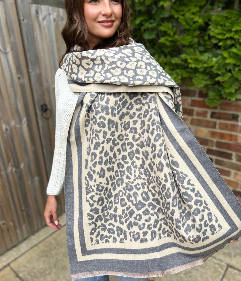 Light Grey Leopard Print Cashmere Blend Scarf