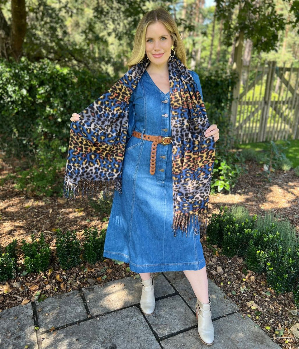 Blue Animal Print Tasselled Scarf