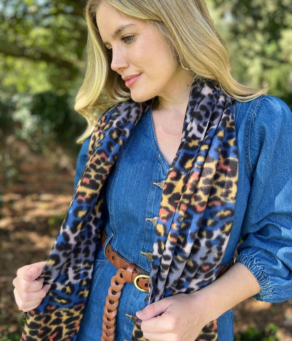 Blue Animal Print Tasselled Scarf