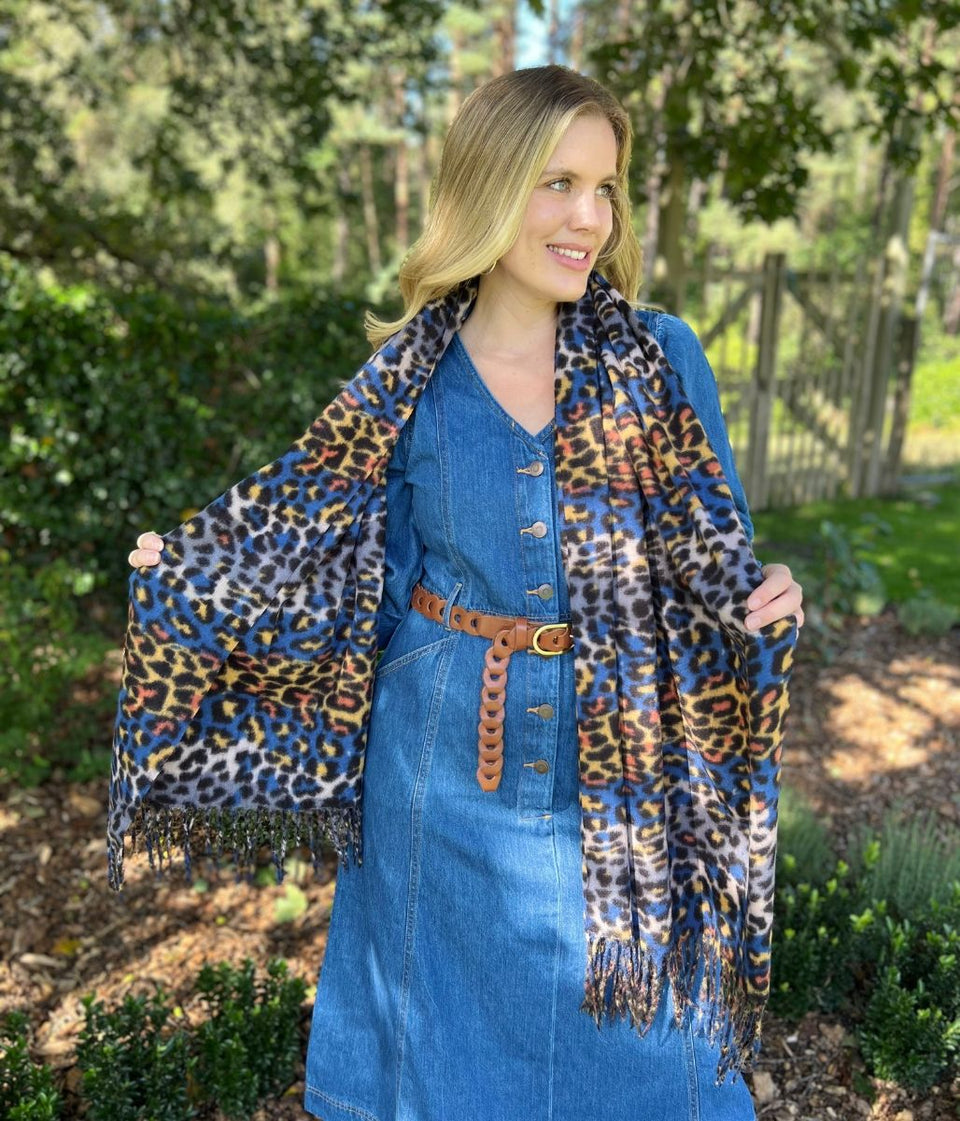 Blue Animal Print Tasselled Scarf